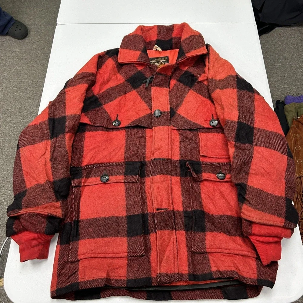 Eddie Bauer Down Cruiser Jacket Mens L Red Buffalo Plaid Wool Vintage Parka